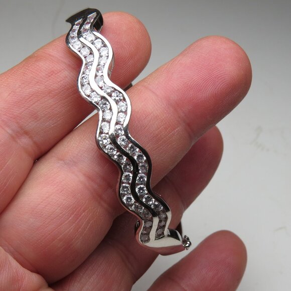 *925 Sterling Silver Diamond Bangle Bracelet - Picture 1 of 8
